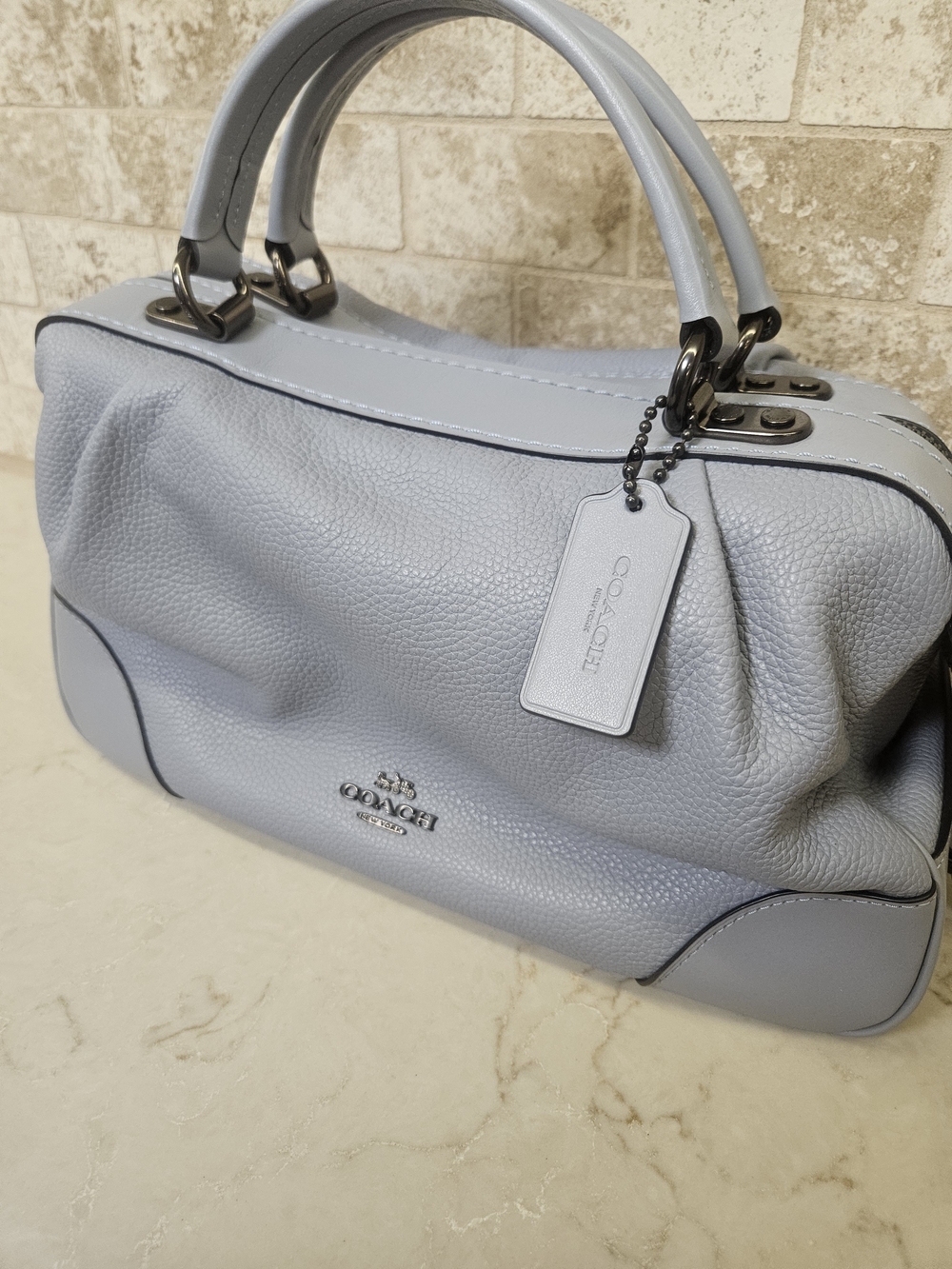 COACH Pebble Leather Lane Satchel Crossbody Shoulder Bag in Mist Blue - Picture 2 of 8